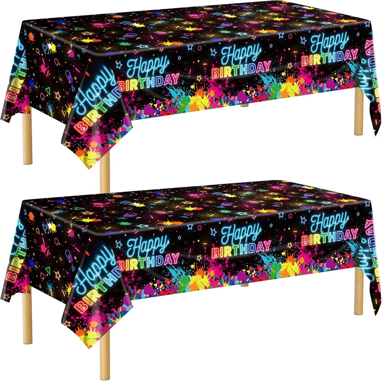 2 Pack Glow in The Dark Birthday Party Tablecloth Neon Plastic Disposable Table Cover Paint Graffiti Happy Birthday Table Decorations for Let's Glow Birthday Party, 54 x 108 Inch